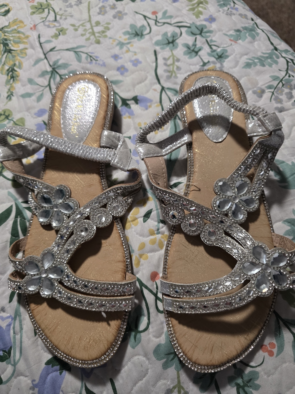 Silver Floral Embellished Women's Sandals - Size 9-9.5